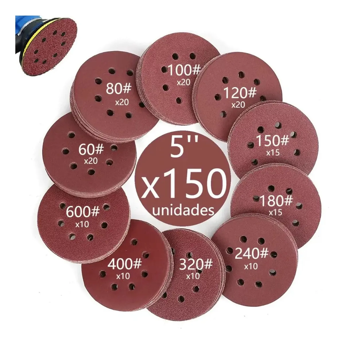 EVERSO - 150 Disco De Lijas Con Velcro 8 Agujeros 5 125mm P60-600