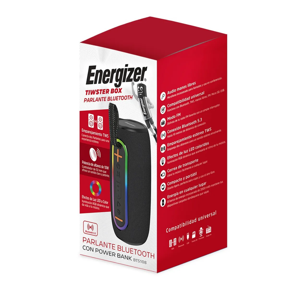 ENERGIZER - Parlante Bluetooth Energizer BTS108 10W LED USB FM