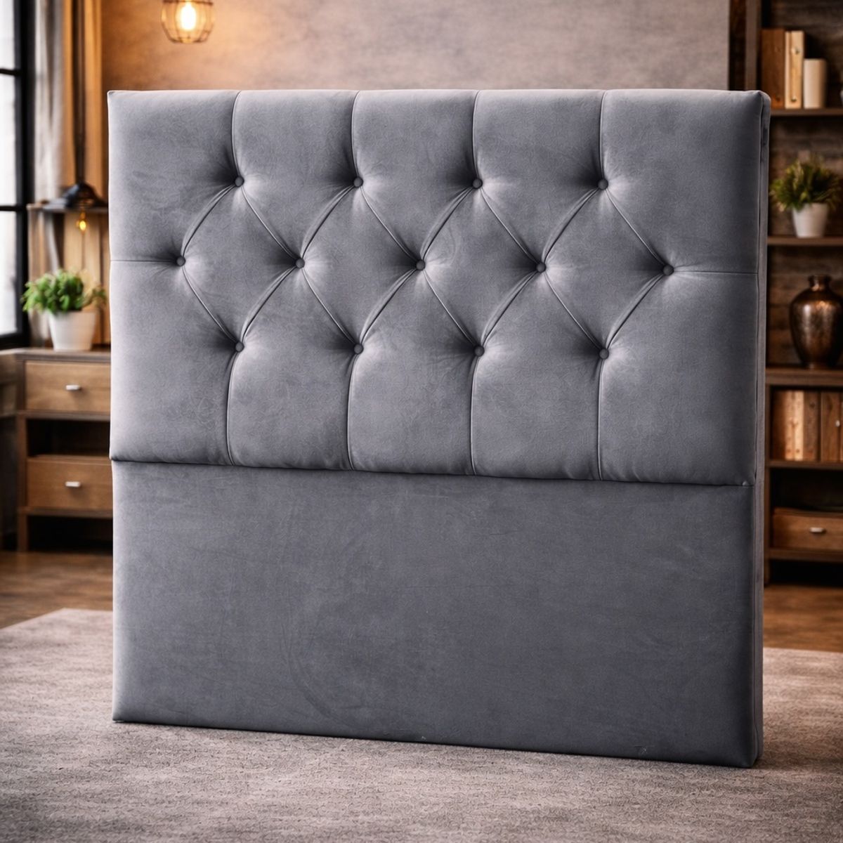 GENERICO - Respaldo Plaza y Media Felpa Gris Capitoné  Cabecera Acolchada Moderna Premium Dormitorio