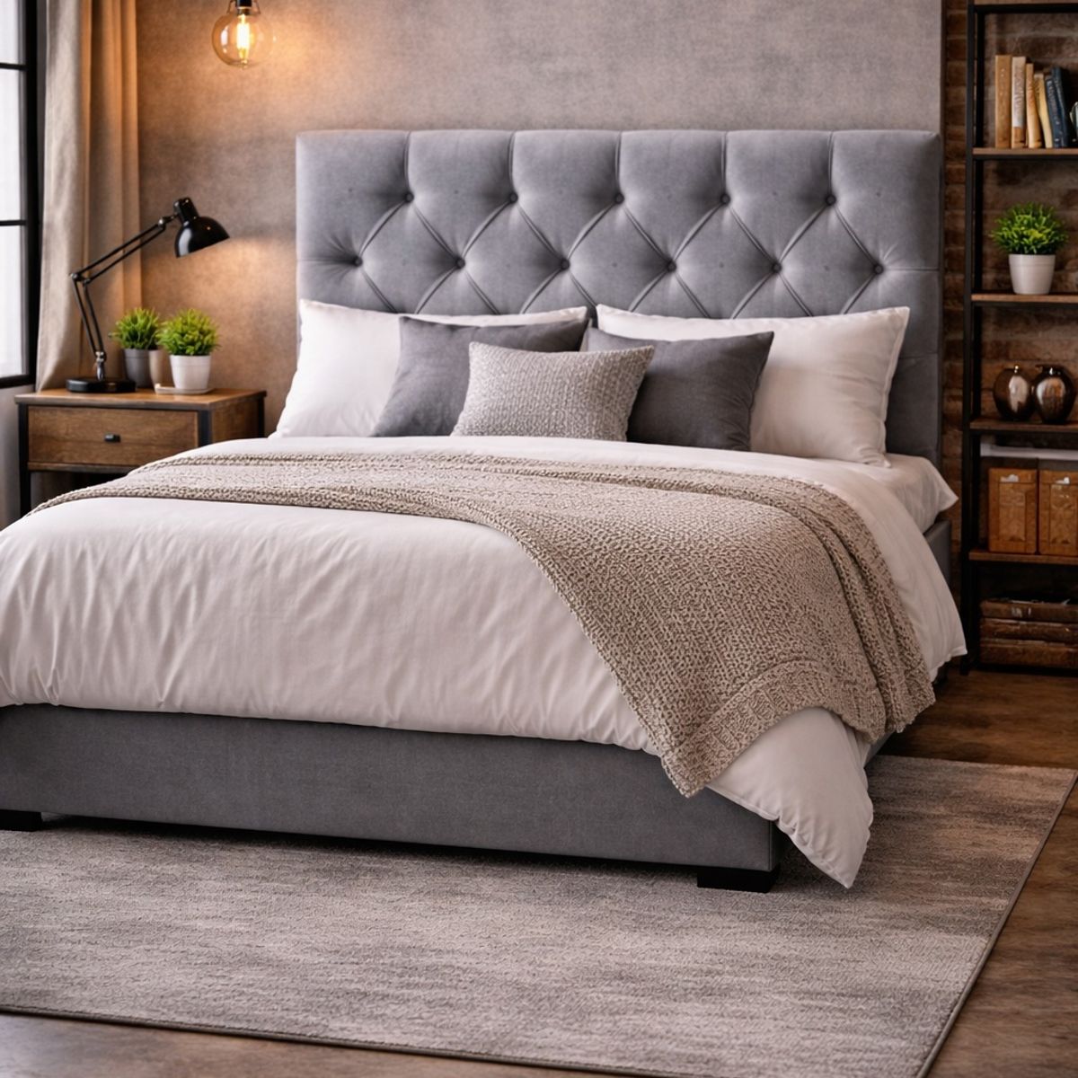 GENERICO - Respaldo Plaza y Media Felpa Gris Capitoné  Cabecera Acolchada Moderna Premium Dormitorio