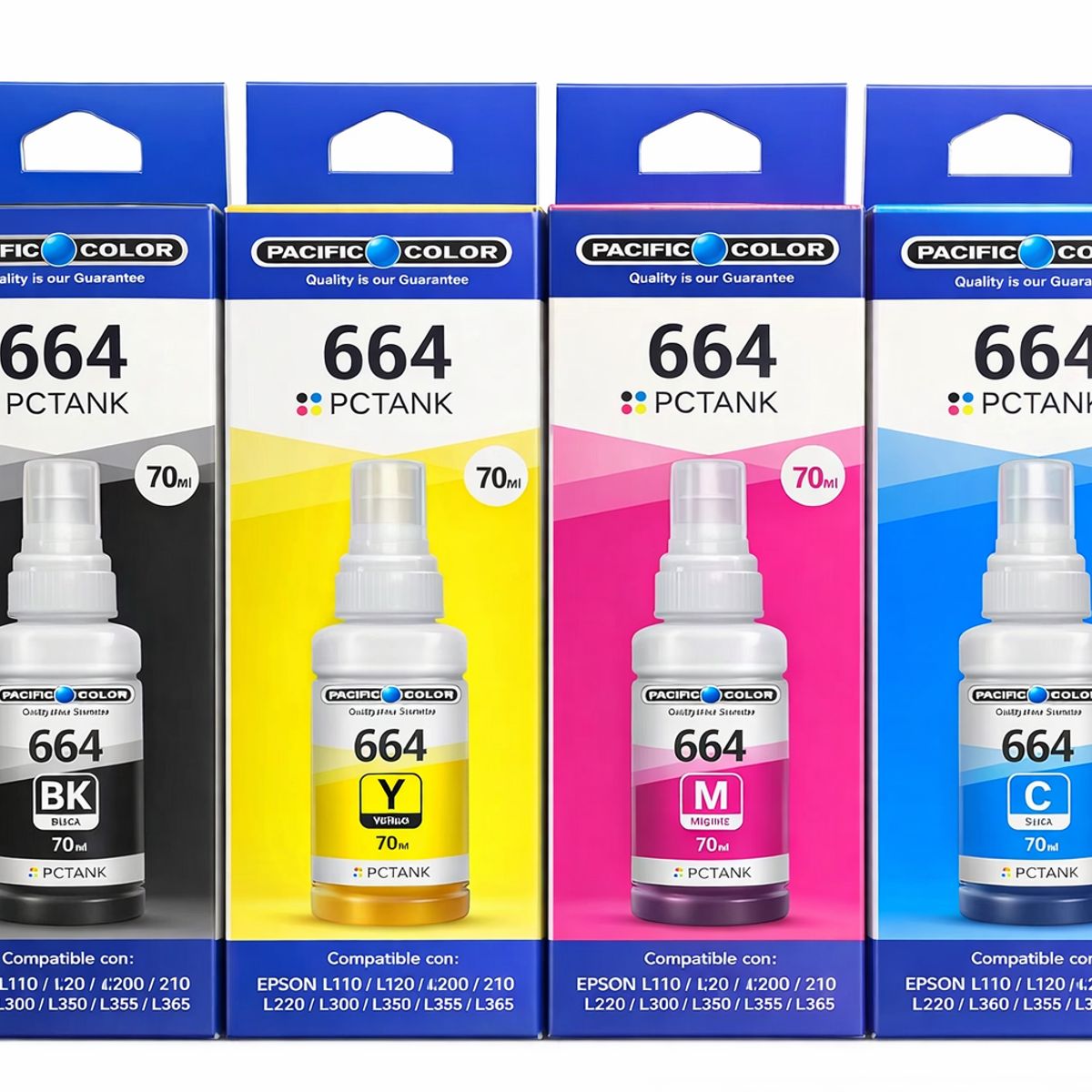 PACIFIC COLOR - Pack 4 Tintas 664 70ml Compatible Epson L110 L120 L210 L355 Alta Calidad