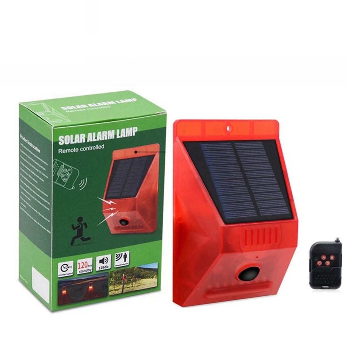 GENERICO - LÁMPARA DE ALARMA SOLAR CON SENSOR DE MOVIMIENTO  CONTROL REMOTO DE 433 MHZ 120 DB
