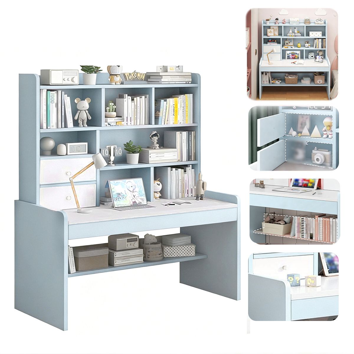 WUWAWDOGA - Escritorio Moderno Organizador Estanteria Libros Para Oficina 155x120x50cm Celeste
