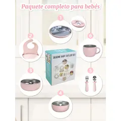 YOLIKITCHEN - Juego Utensilios Bebé: Acero Inox. 304 y Silicona. Antideslizante, Sin Olor, Libre BPA.