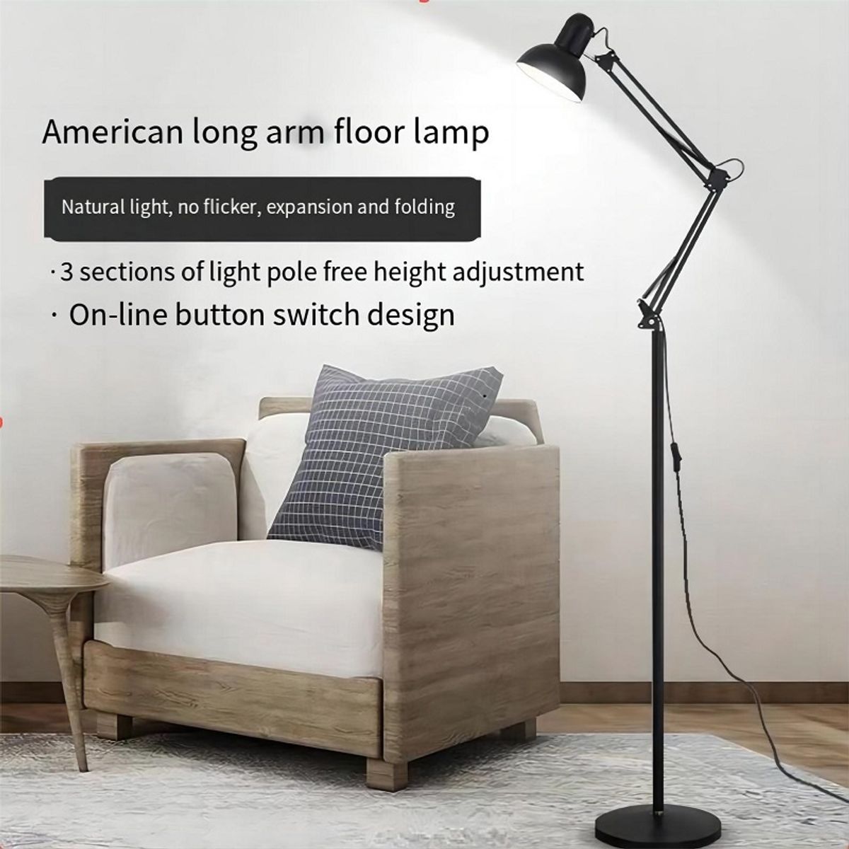 DANWEILE - Soporte de lámpara de pie plegable de brazo largo Negro