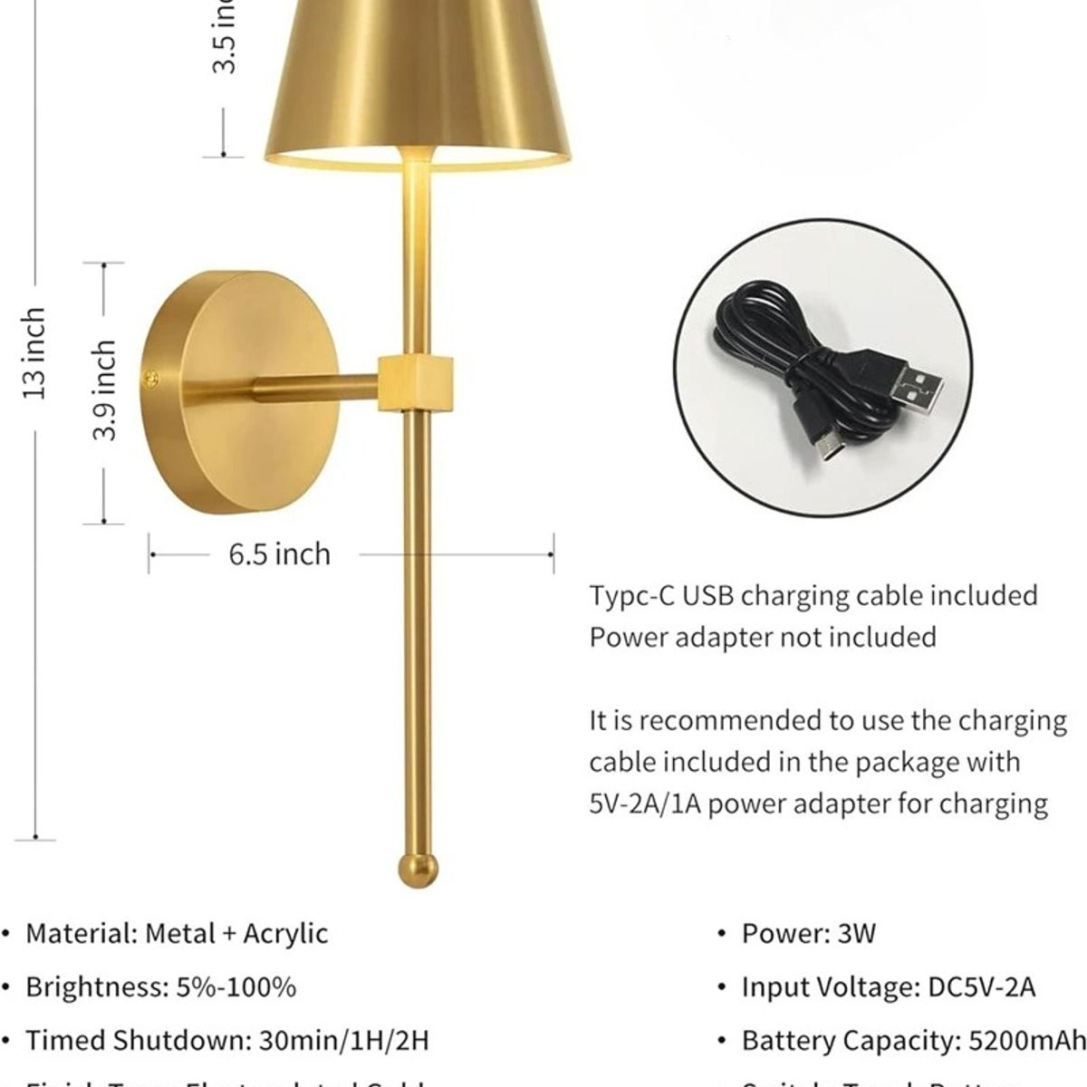 DANWEILE - Luces de pared LED modernas 2P, Control remoto, carga USB regulable Dorado