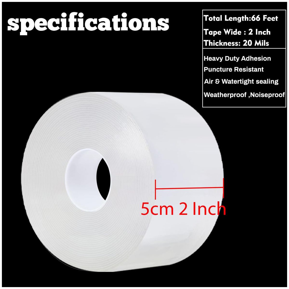 KUANGYE - Cinta Selladora Transparente 5cm×20m Sin Residuos para Puertas Ventanas y Duchas