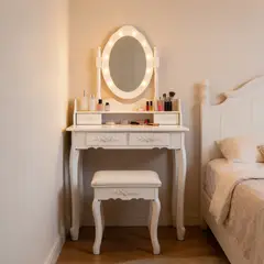 ELEMENT DESIGN - Tocador Con Espejo LED Giratorio 4 Cajones Y Banqueta Blanco
