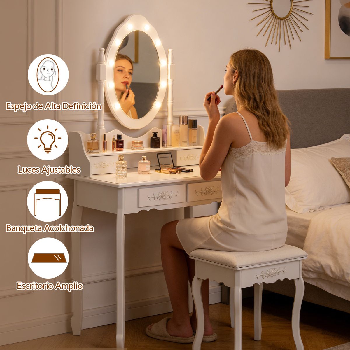 ELEMENT DESIGN - Tocador Con Espejo LED Giratorio 4 Cajones Y Banqueta Blanco