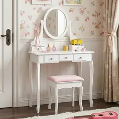 ELEMENT DESIGN - Tocador con Espejo Giratorio Niña 5 Cajones y Banqueta Moderno Blanco