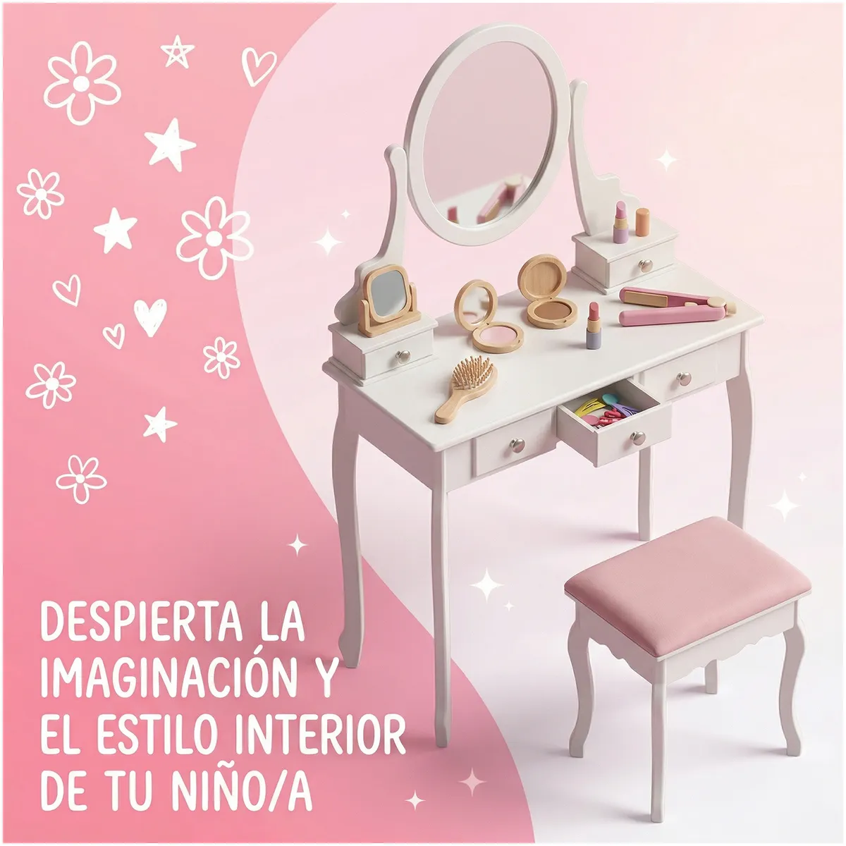ELEMENT DESIGN - Tocador con Espejo Giratorio Niña 5 Cajones y Banqueta Moderno Blanco