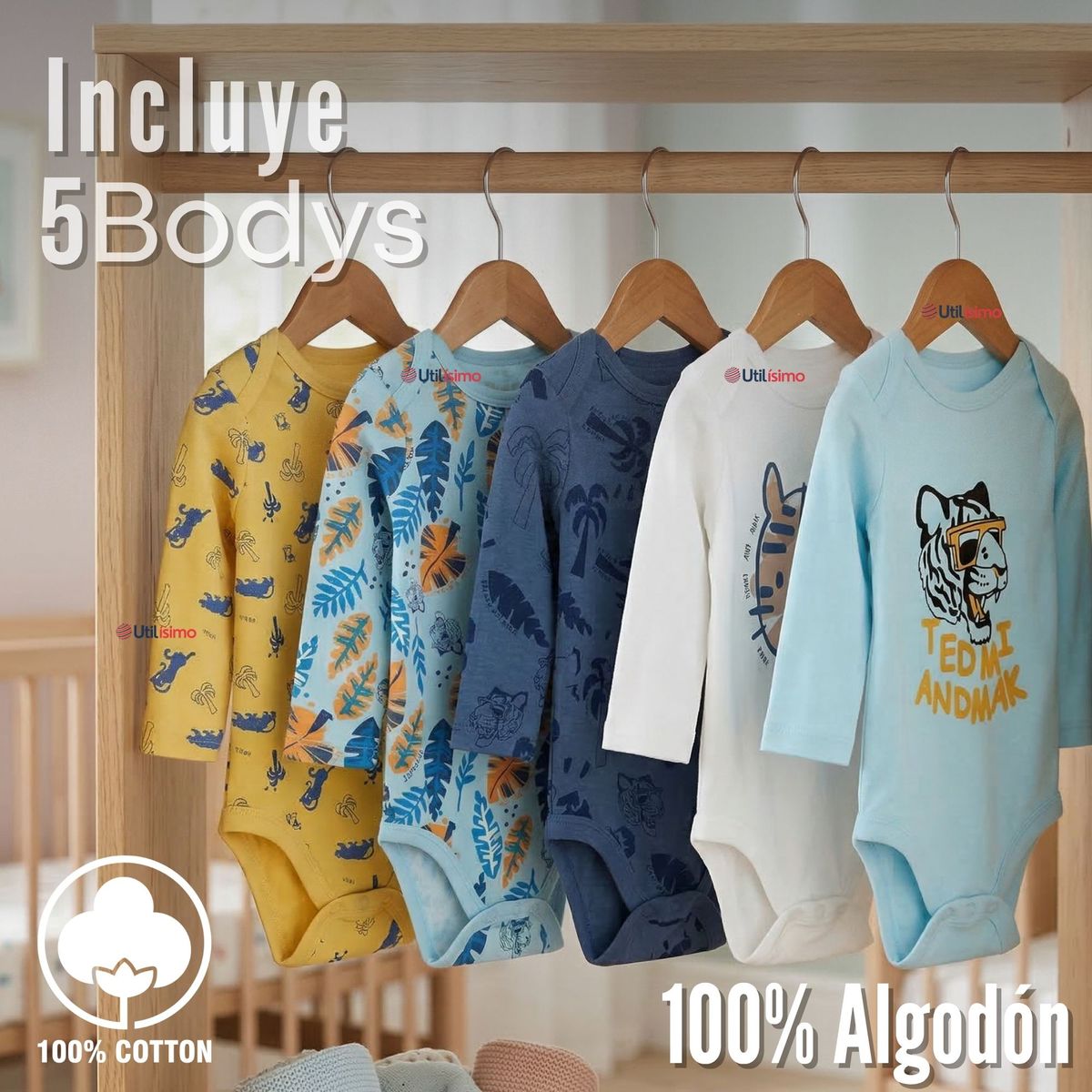 TEDMIMAK - Pack 5 Bodys Manga Larga 100% Algodón Bebé Niño Wild Tiger