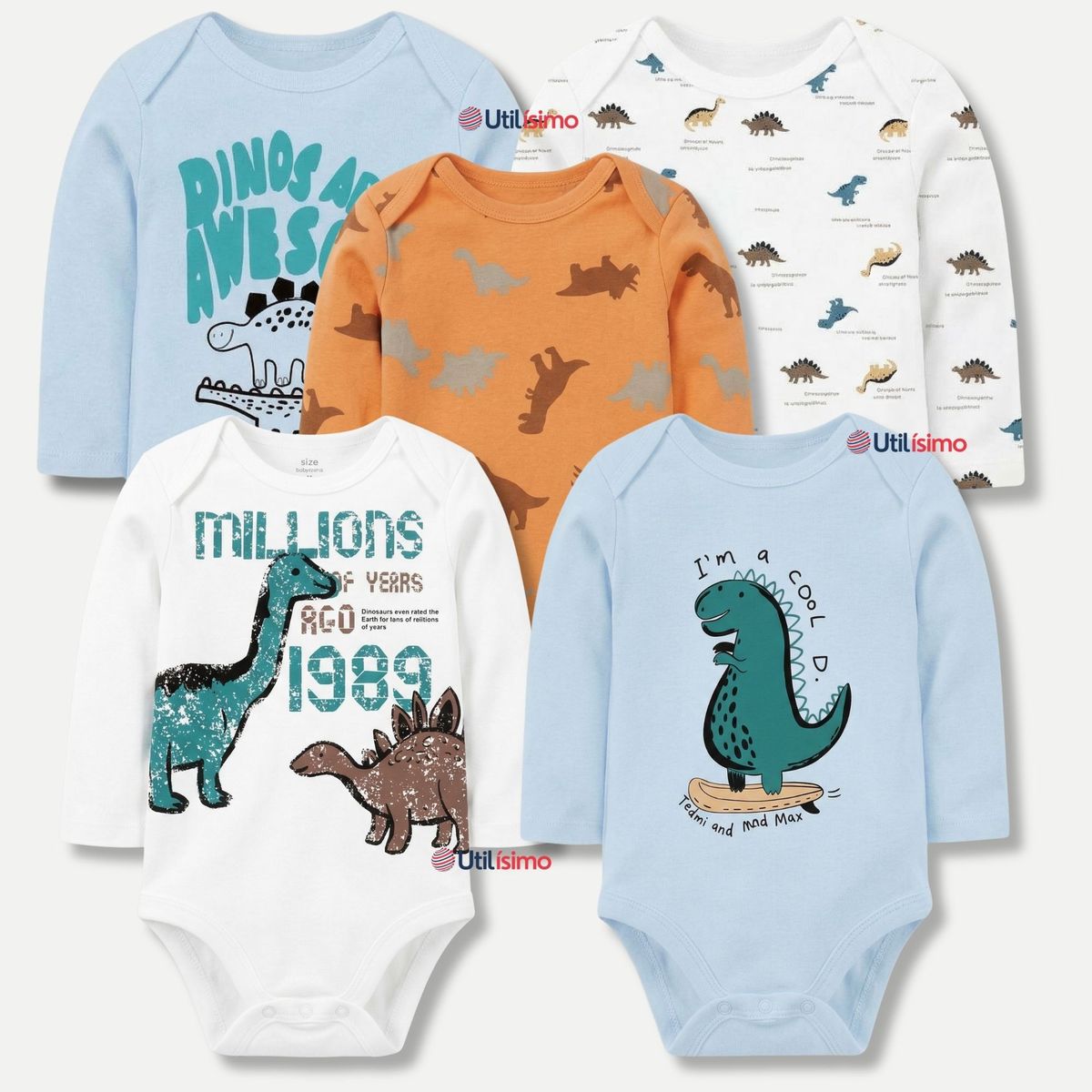TEDMIMAK - Pack 5 Bodys Manga Larga 100% Algodón Bebé Niño Dino Aventure