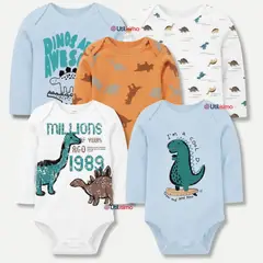 TEDMIMAK - Pack 5 Bodys Manga Larga 100% Algodón Bebé Niño Dino Aventure