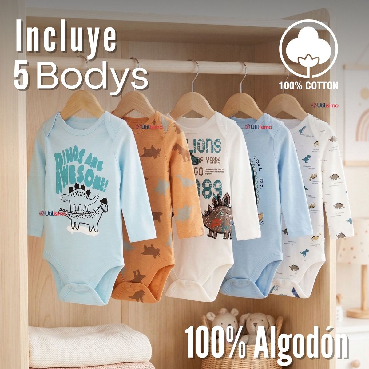 TEDMIMAK - Pack 5 Bodys Manga Larga 100% Algodón Bebé Niño Dino Aventure