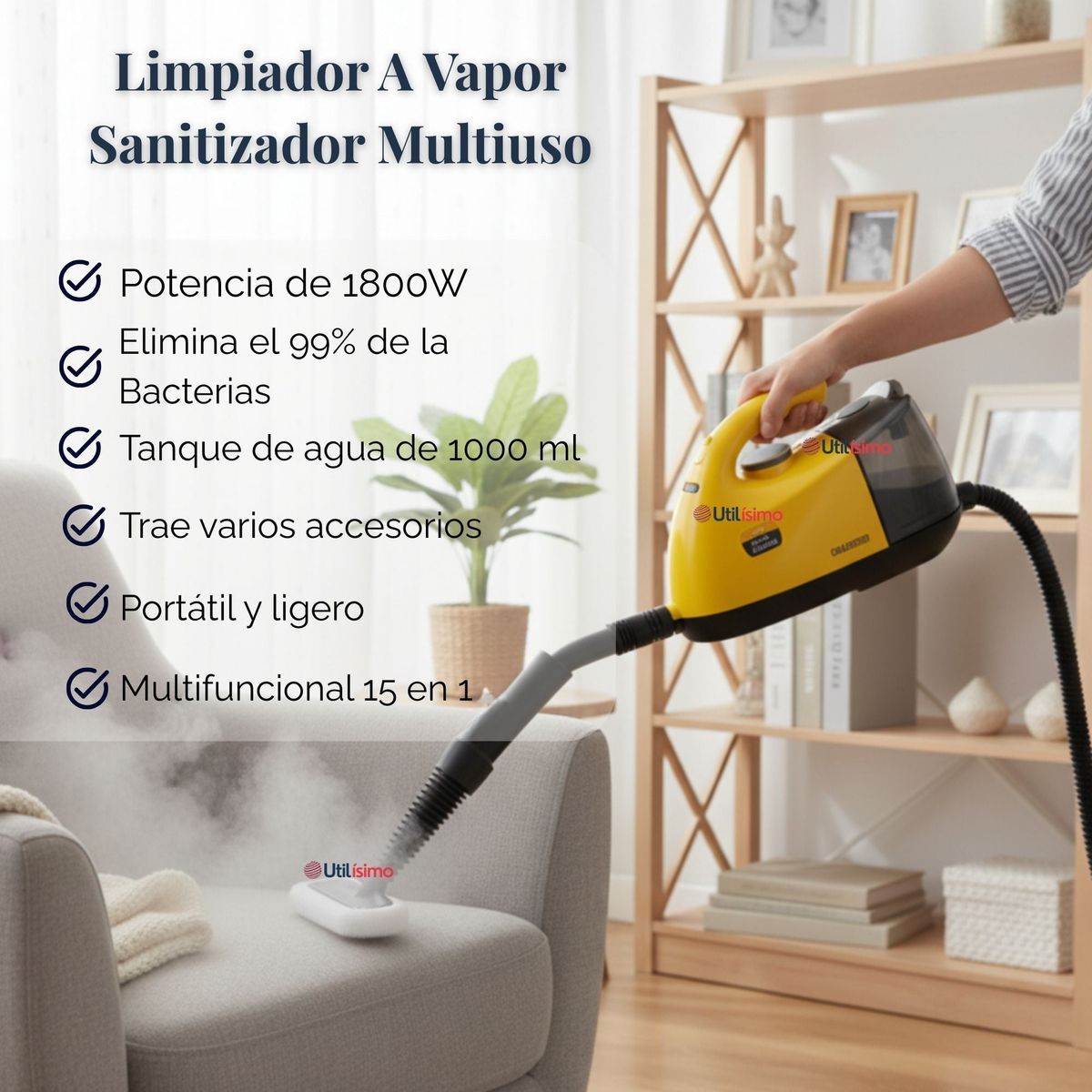 RAF - Limpiador A Vapor Sanitizador Multiuso 1800w Amarillo 1000ml Multifunción 15 En 1