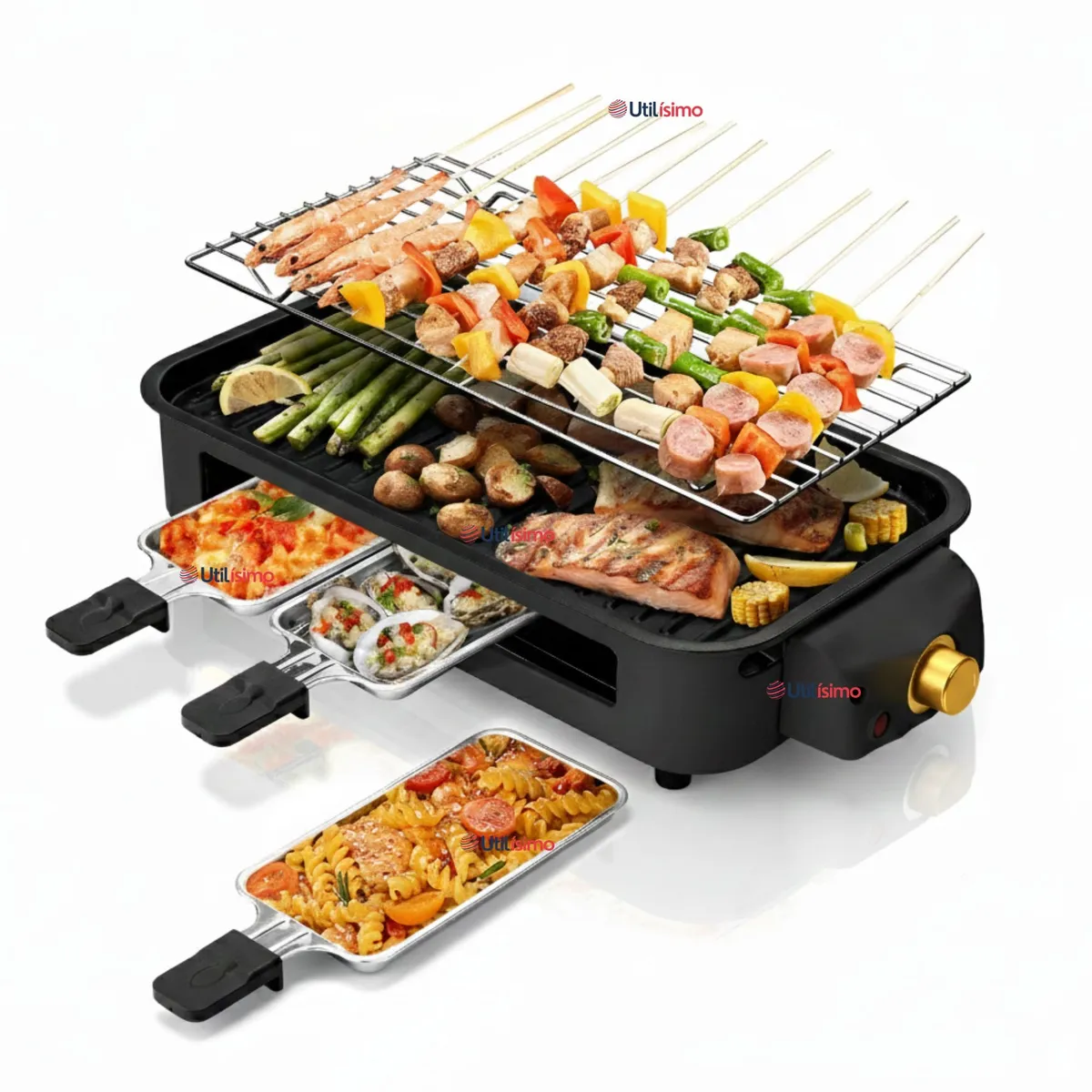 LINE - Parrilla Eléctrica de mesa Raclette 2 En 1 Sin Humo 1500w de Potencia Negra