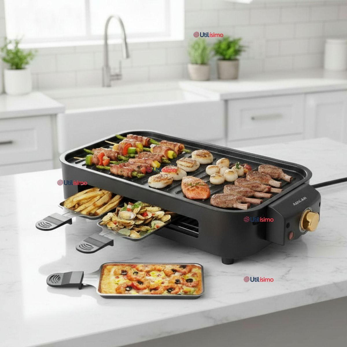 LINE - Parrilla Eléctrica de mesa Raclette 2 En 1 Sin Humo 1500w de Potencia Negra