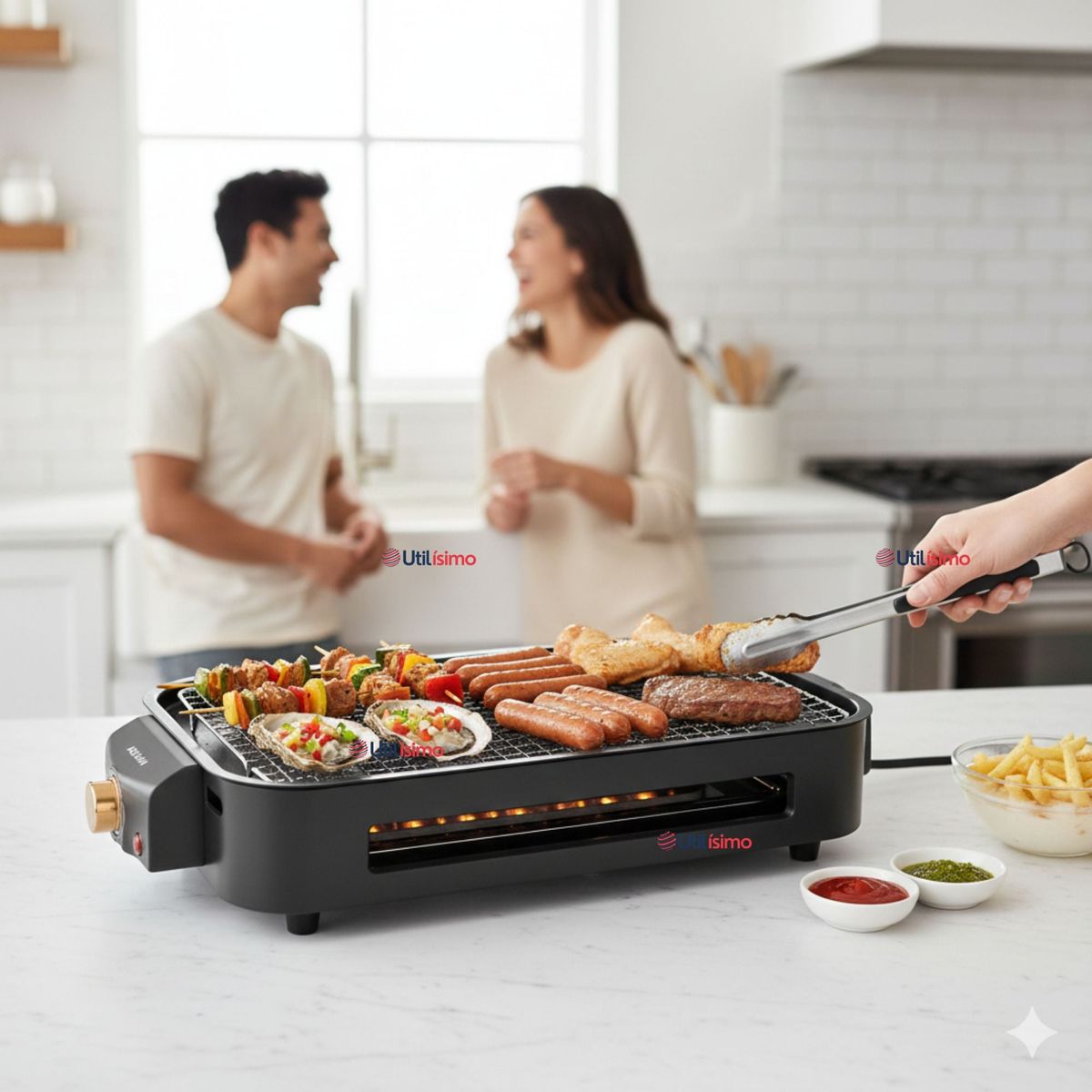 LINE - Parrilla Eléctrica de mesa Raclette 2 En 1 Sin Humo 1500w de Potencia Negra