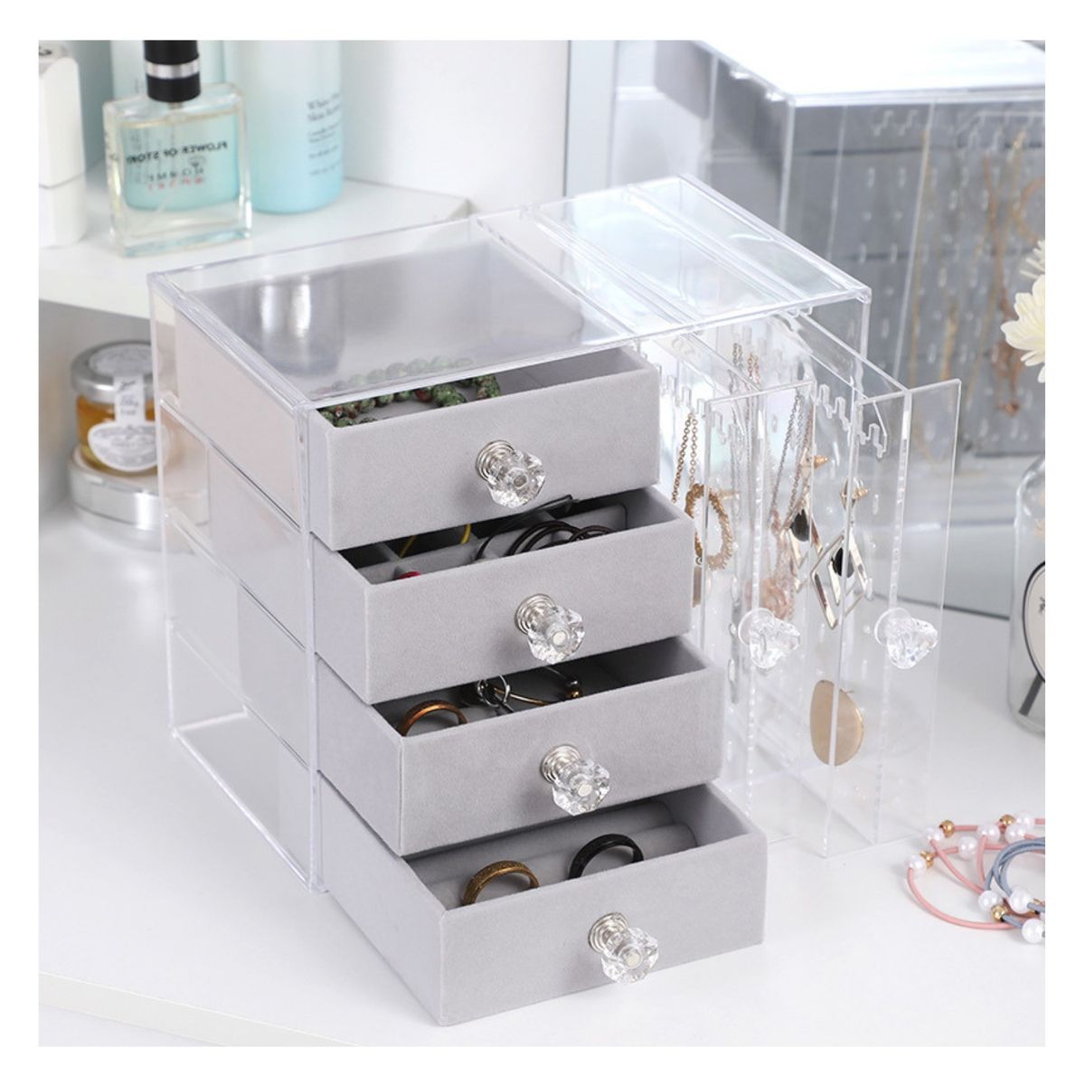 GENERICO - Joyero Organizador Premium - Acrílico Transparente Y Felpa - 4 Cajones + 2 Paneles