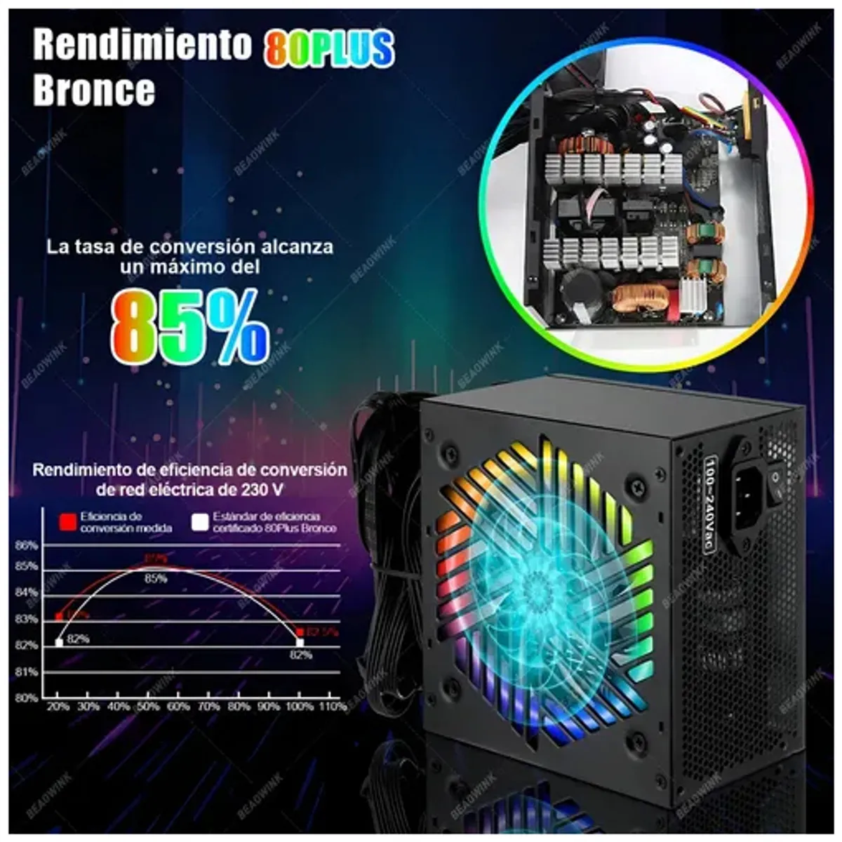 EVERSO - Fuente De Poder PC 800w ATX 80 Plus Bronze RGB Beaowink Sile
