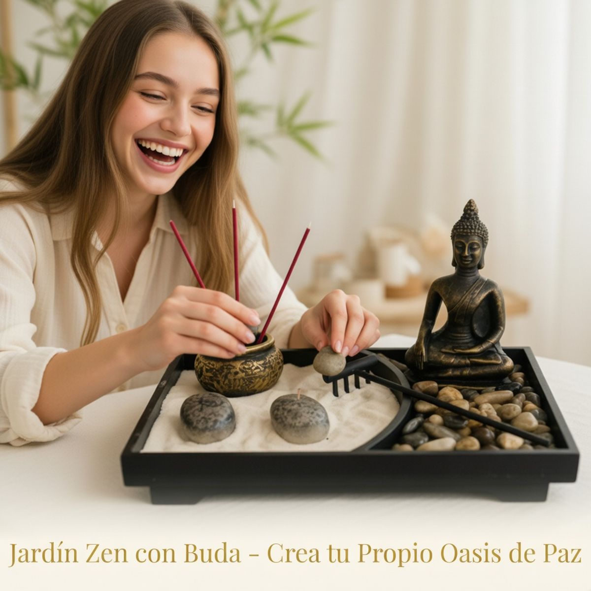 MOVI - Jardín Zen Decorativo con Buda - Mini Fuente de Agua Buda Decoración Zen para Hogar y Oficina
