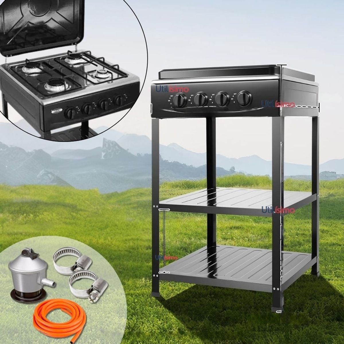 LINE - Cocina Encimera a Gas Licuado 4 Platos con Mesa+ Kit de Instalación Cocinilla Negro