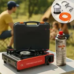 LINE - Cocina Portátil Cocinilla Camping + Kit de Instalación y Lata de Gas
