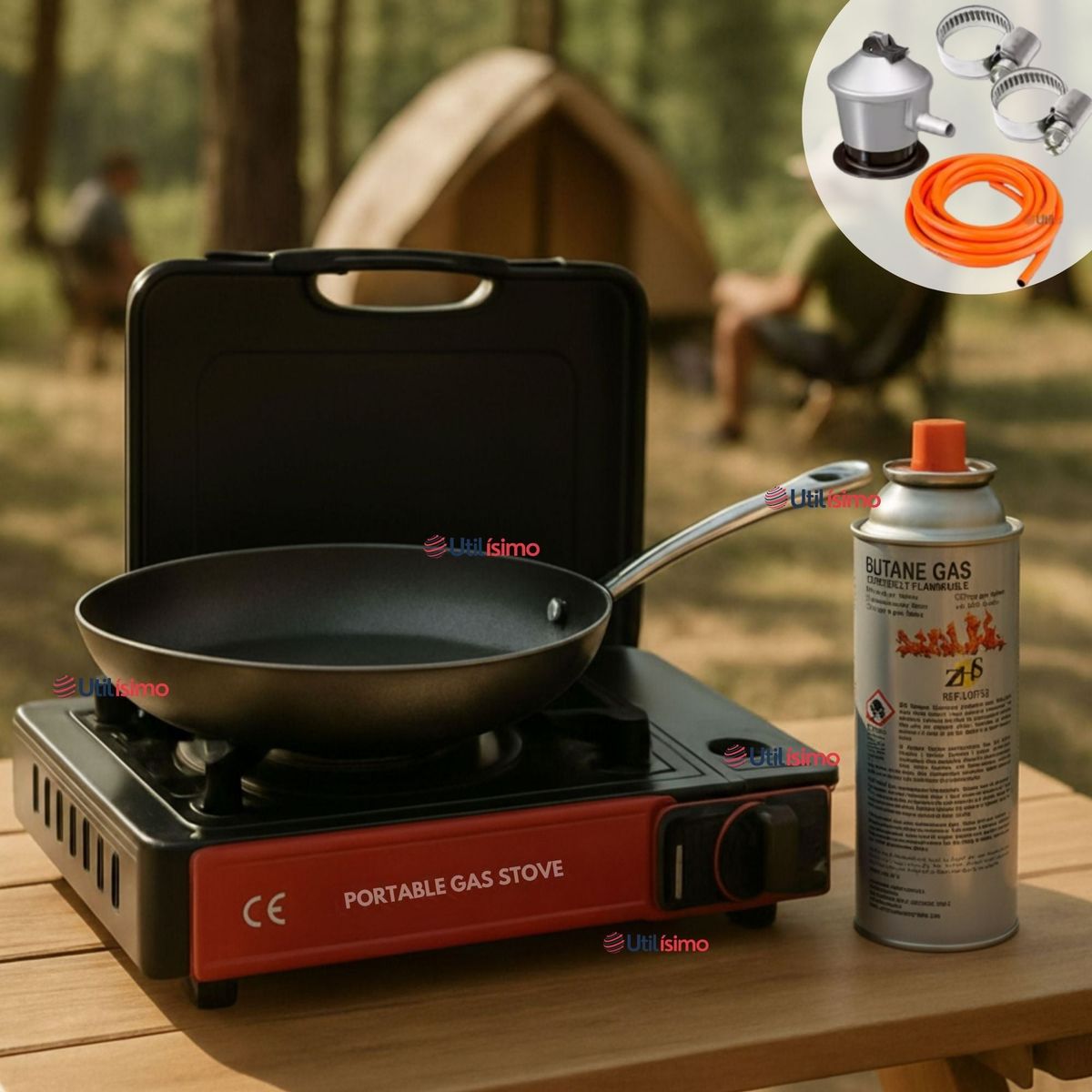 LINE - Cocina Portátil Cocinilla Camping + Kit Instalación + Sartén + Lata