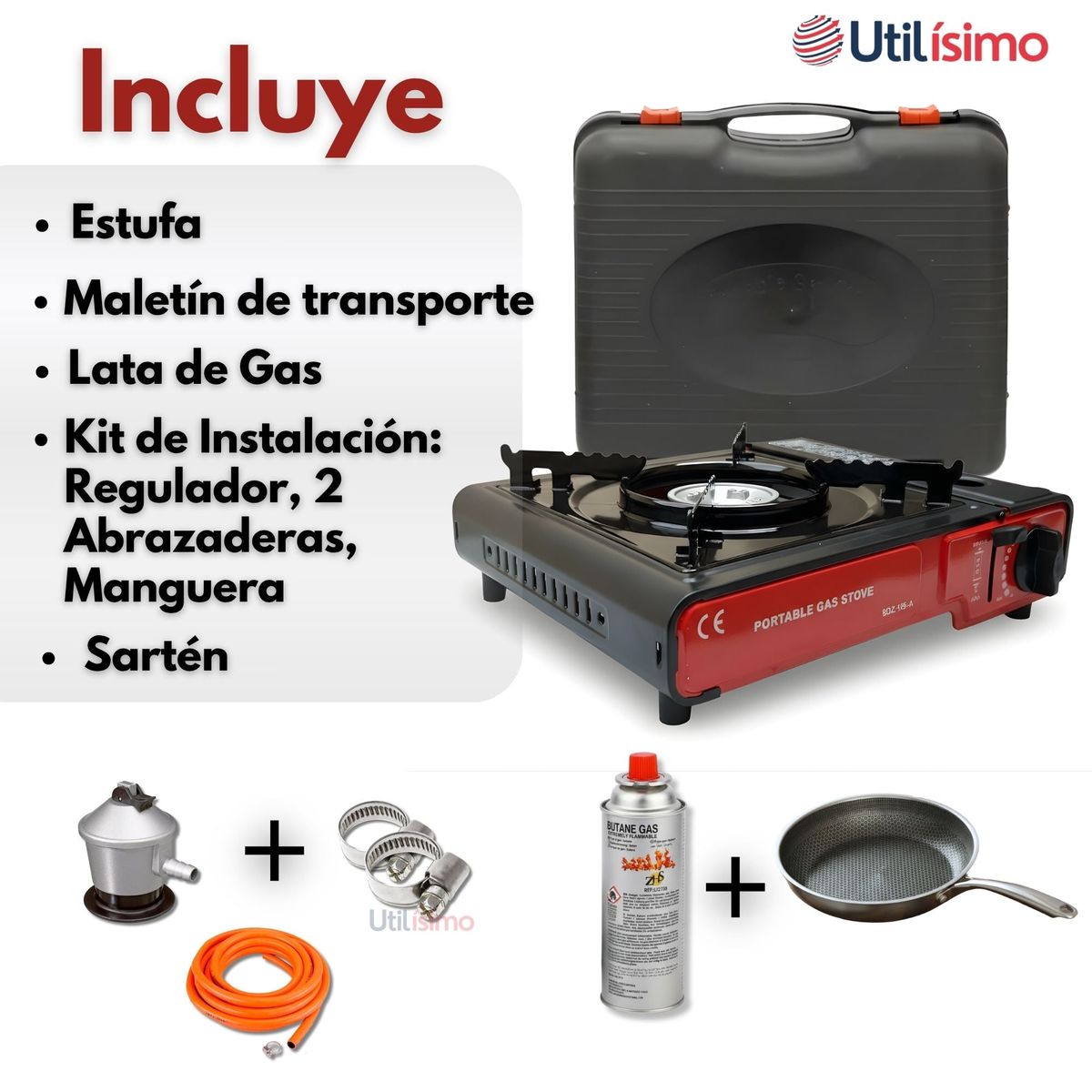 LINE - Cocina Portátil Cocinilla Camping + Kit Instalación + Sartén + Lata
