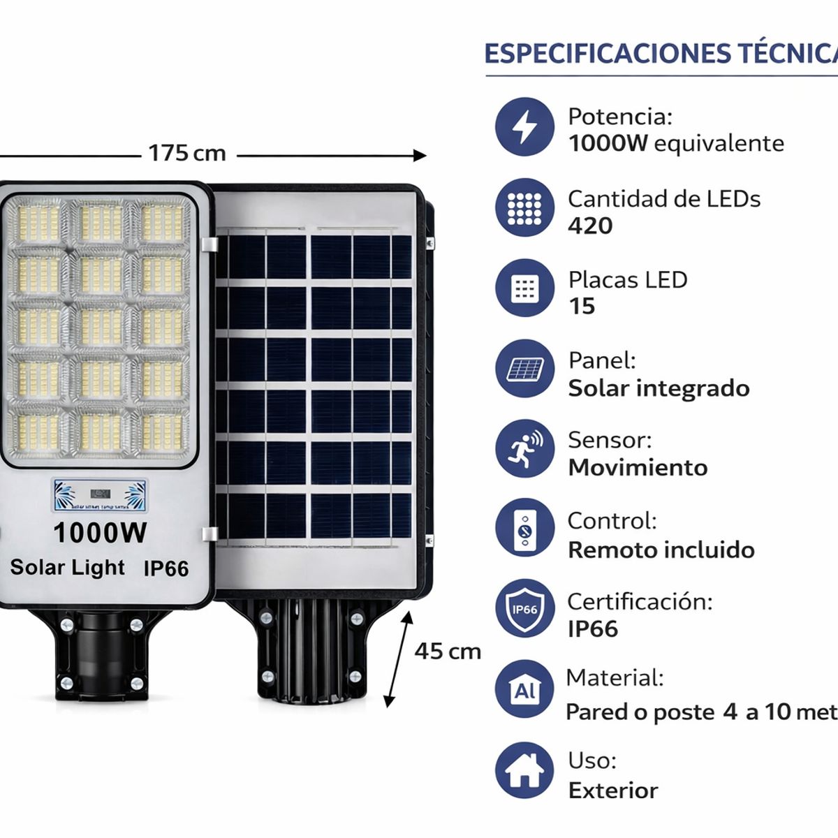 TASBEL - Foco Solar LED 1000W+ Soporte  Panel Solar Sensor Movimiento Control Remoto Exterior Jardin