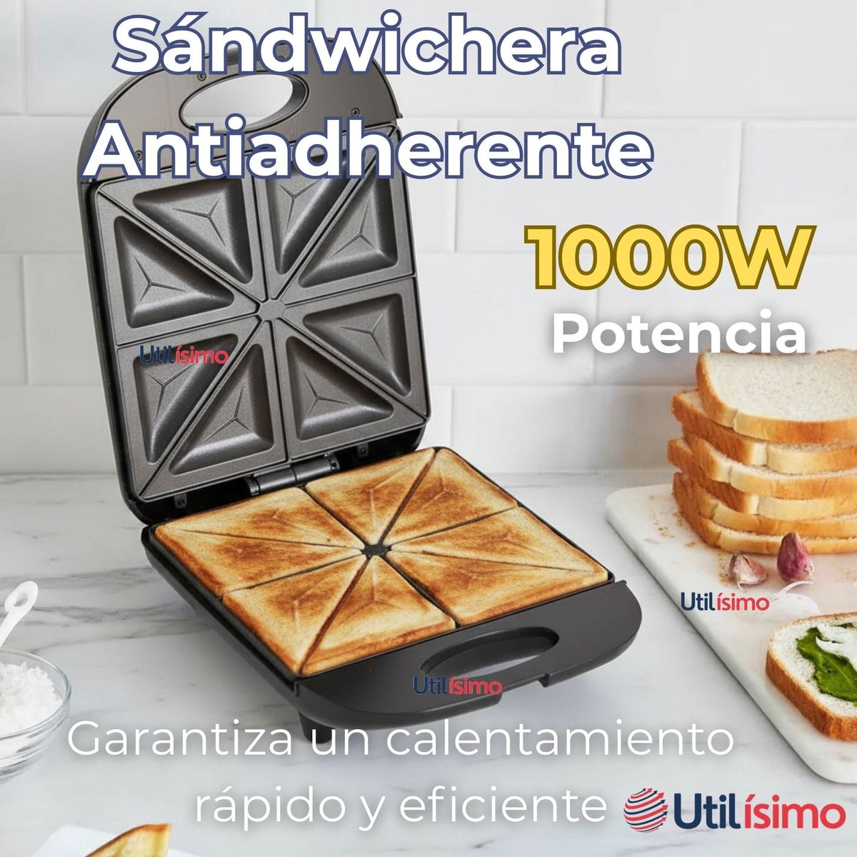 RAF - Sandwichera Eléctrica Antiadherente Tostadora 4 Sandwich 1000W