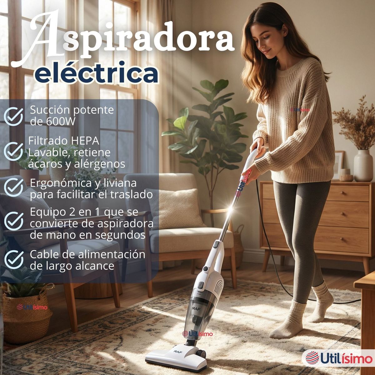 RAF - Aspiradora Vertical 2 en 1 Ciclónica Portátil Alta Potencia 600W 50HZ Filtro Dual