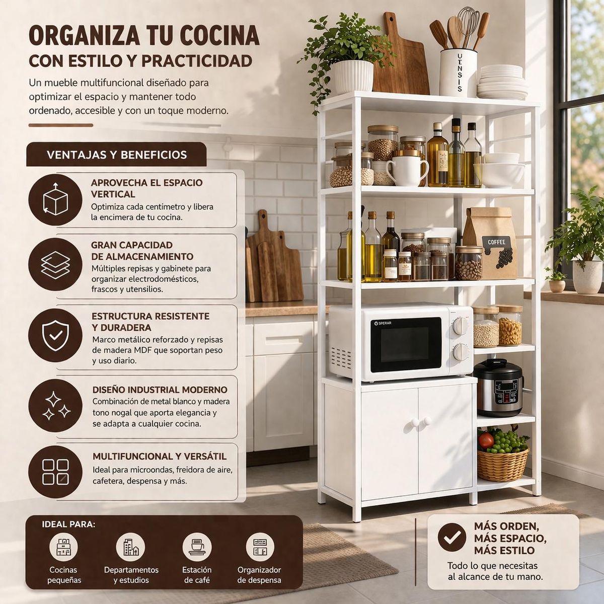 ACTUAL - Mueble Organizador de Cocina Estantes y Gabinete 4 Niveles Estantería Cocina Multifuncional 80x30x128 cm