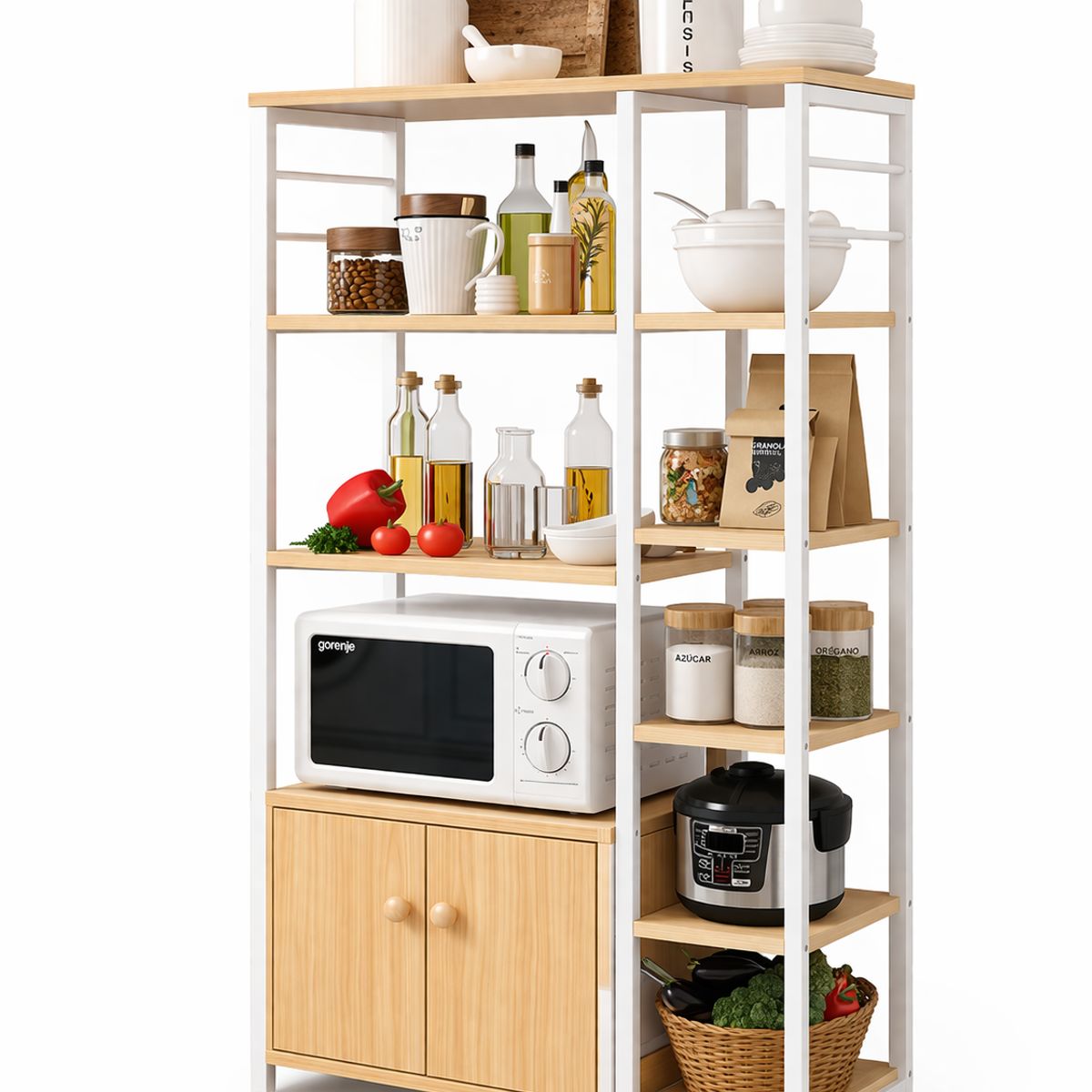 ACTUAL - Mueble Organizador de Cocina Estantes y Gabinete 4 Niveles Estantería Cocina Multifuncional 80x30x128 cm