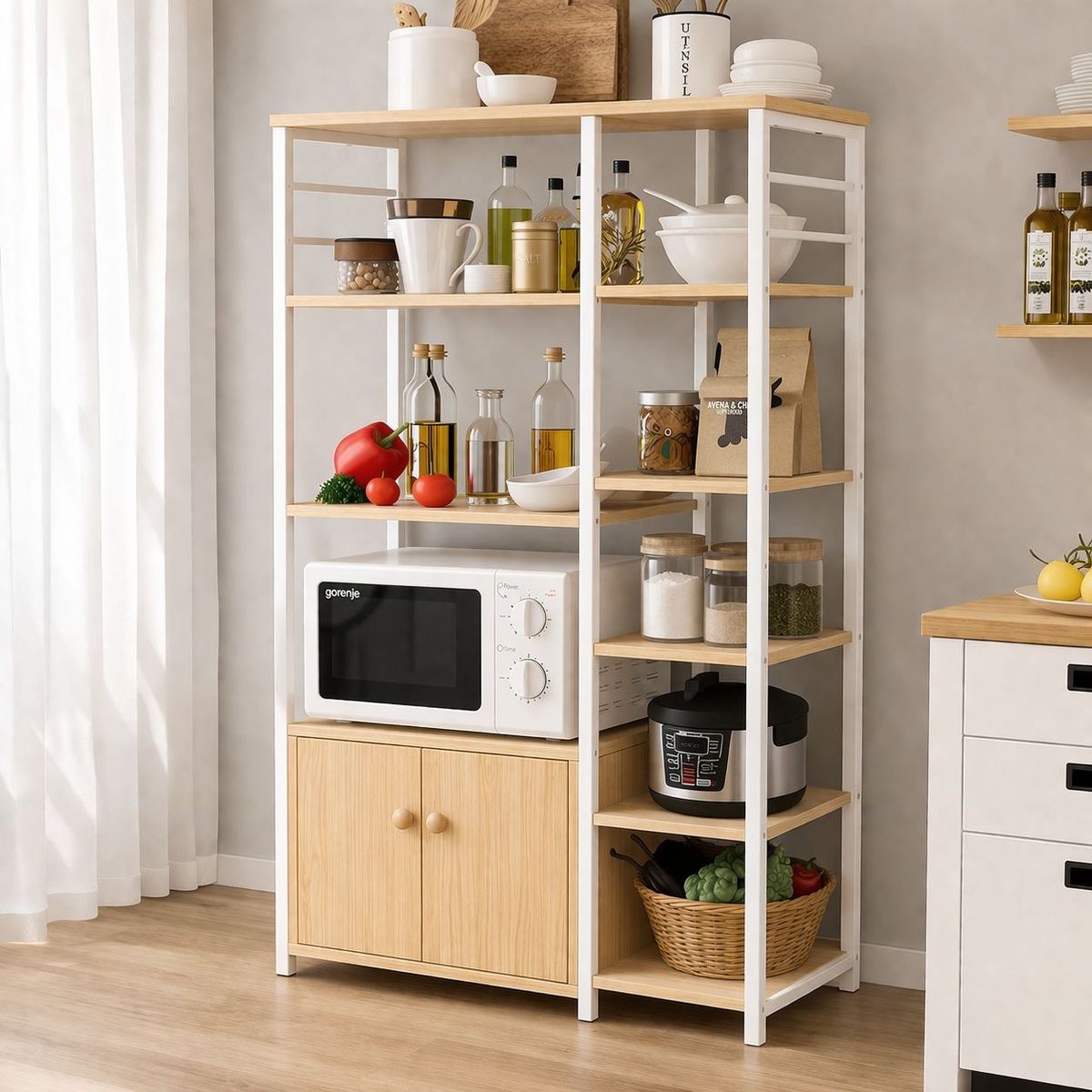 ACTUAL - Mueble Organizador de Cocina Estantes y Gabinete 4 Niveles Estantería Cocina Multifuncional 80x30x128 cm