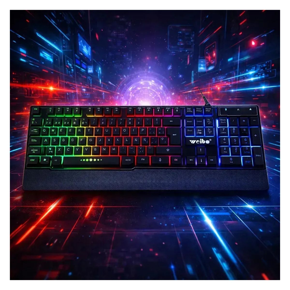 WEIBO - Teclado Gamer Weibo QWERTY RGB con Antighosting y Reposa Muñeca Modelo WB-100