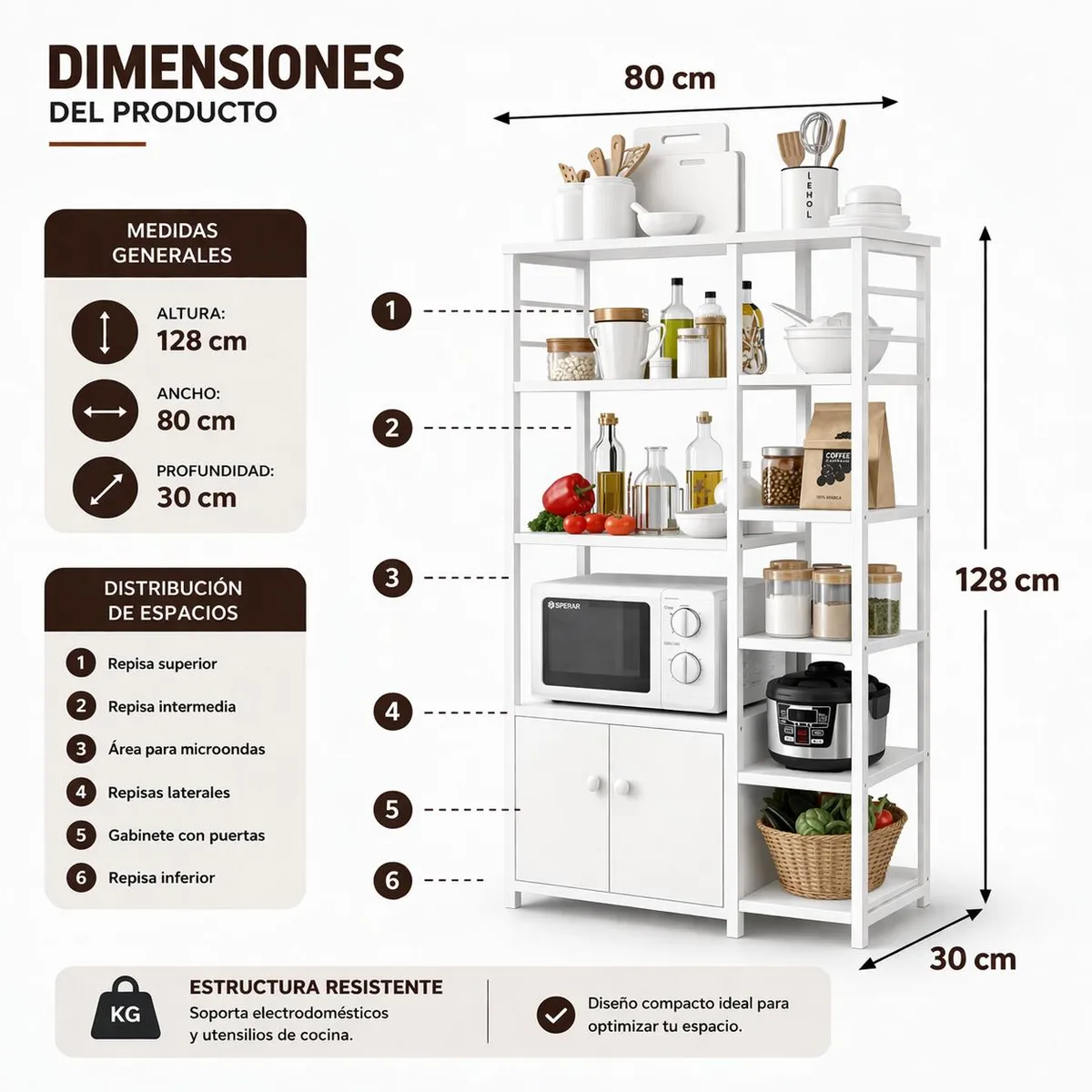 ACTUAL - Mueble Organizador de Cocina y Microondas Estante de Cocina Multifuncional 80x30x128 cm