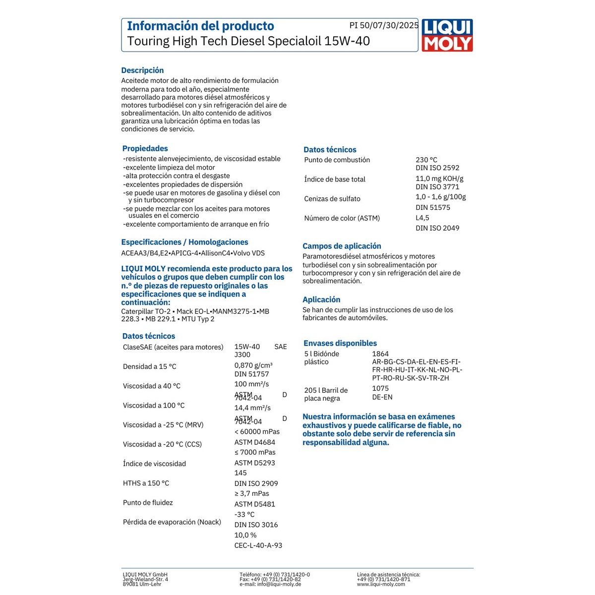 LIQUI MOLY - Aceite Motor Touring High Tech Diesel Specialoil 15w40 5 L.