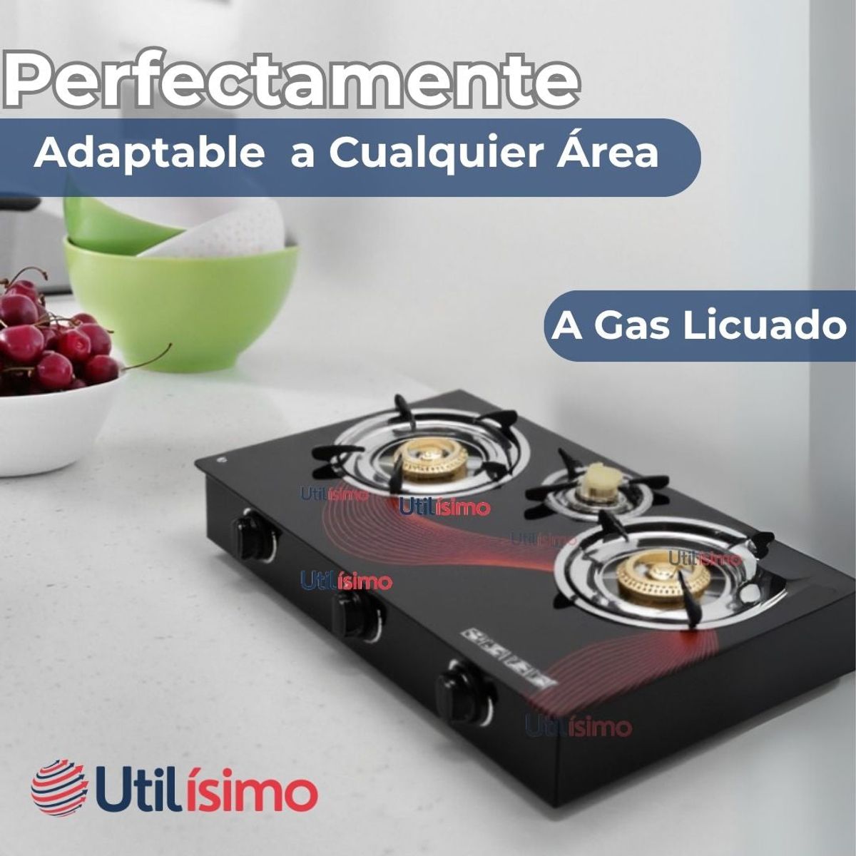 LINE - Cocina Encimera a Gas Licuado Vidrio 3 Platos + KIT de Instalación