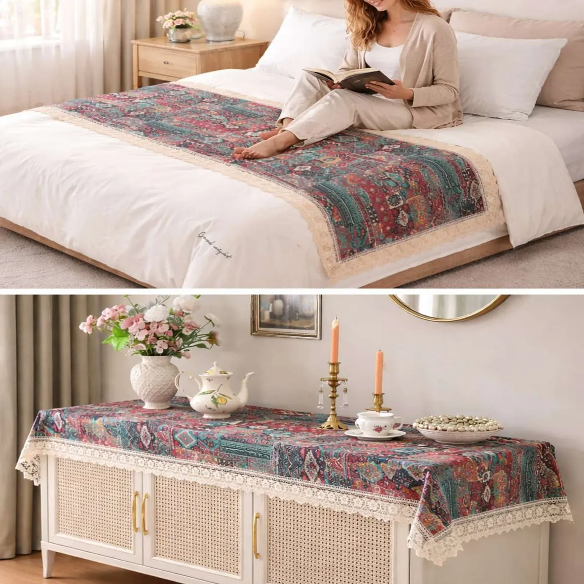GENERICO - Piecera de Cama Estilo Bohemio con Encaje - Multiuso 80x200 cm