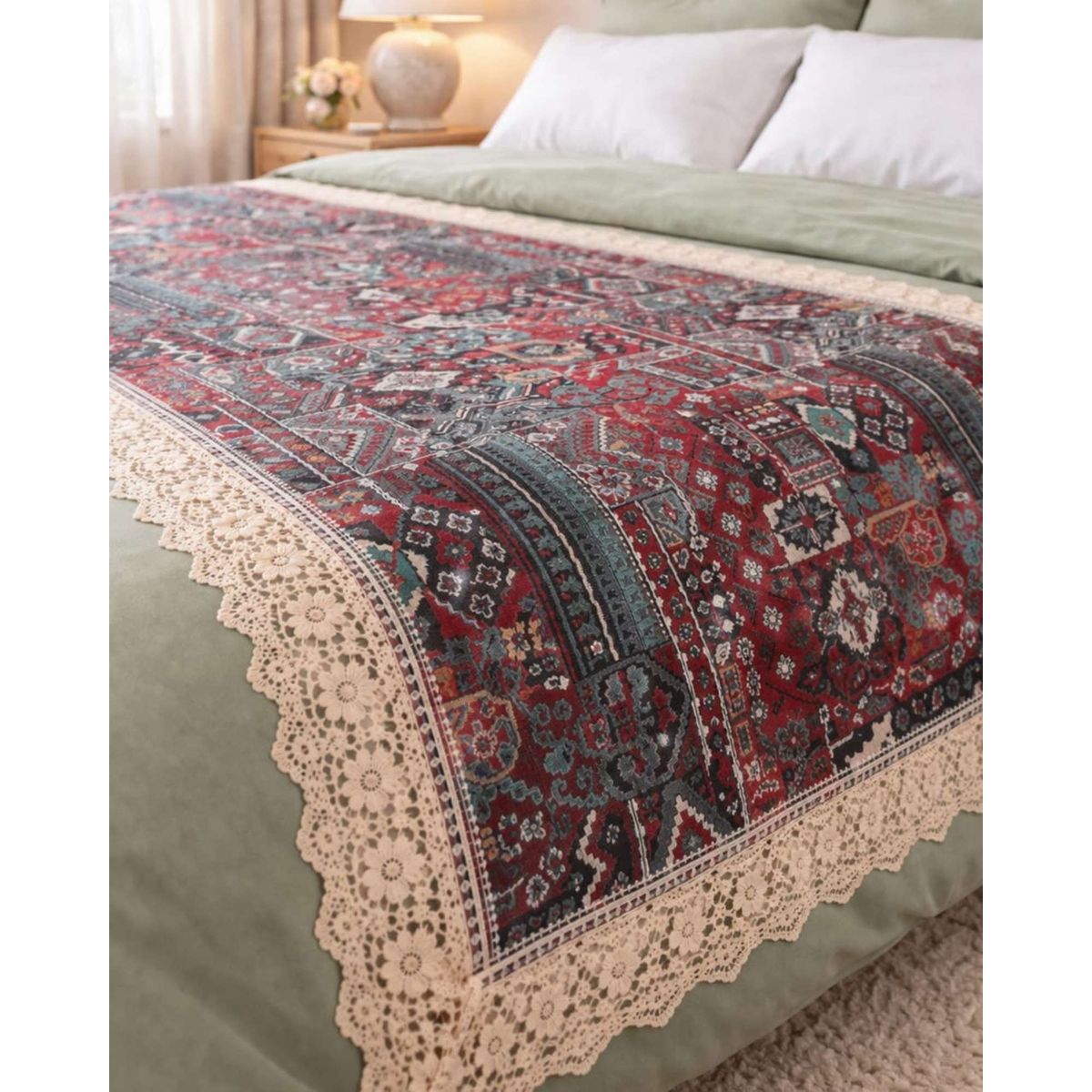GENERICO - Piecera de Cama Multiuso Diseño Bohemio con Encaje 80x200cm