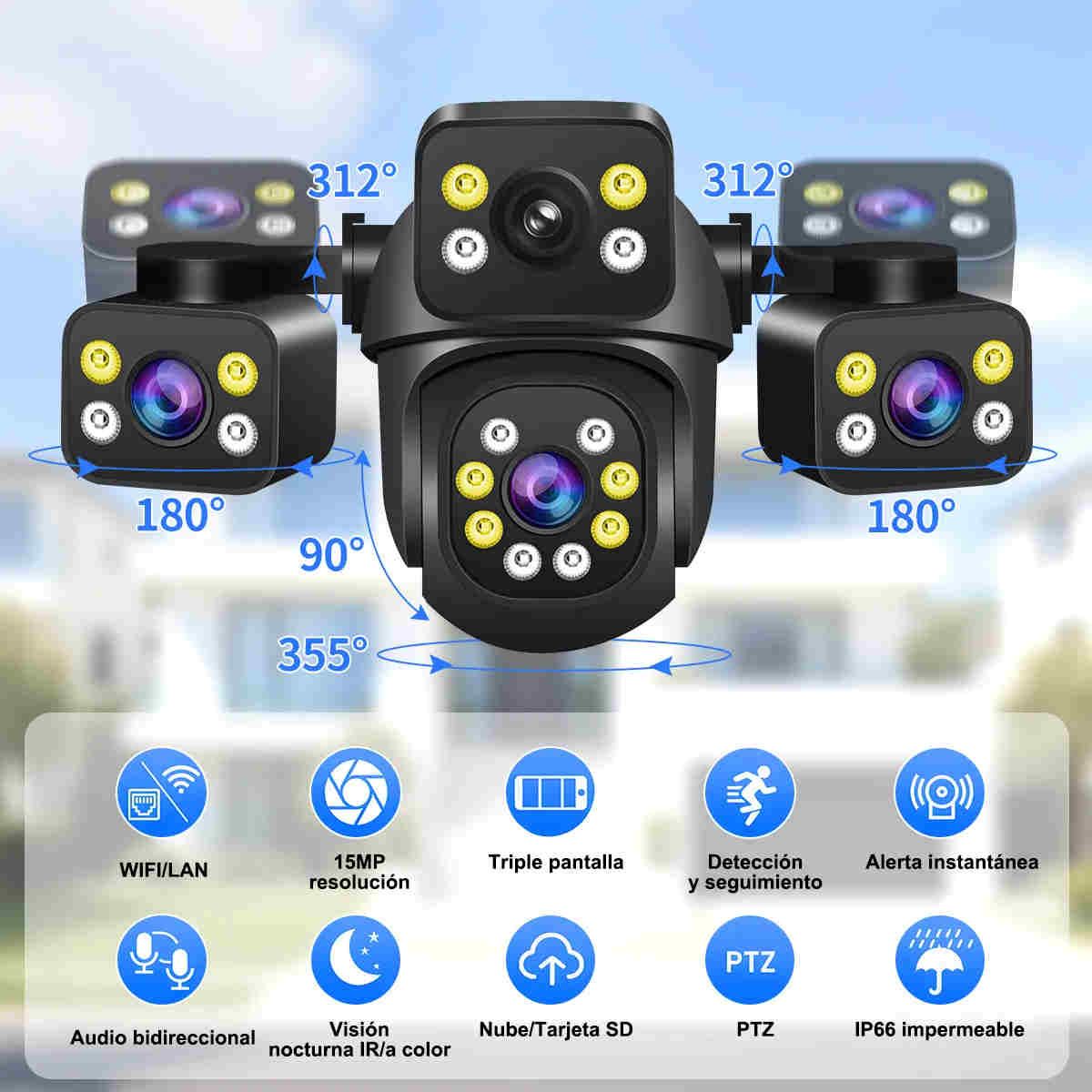 GENERICO - Cámaras De Seguridad Wifi Exterior Ip 360° Tres Lentes BELUG