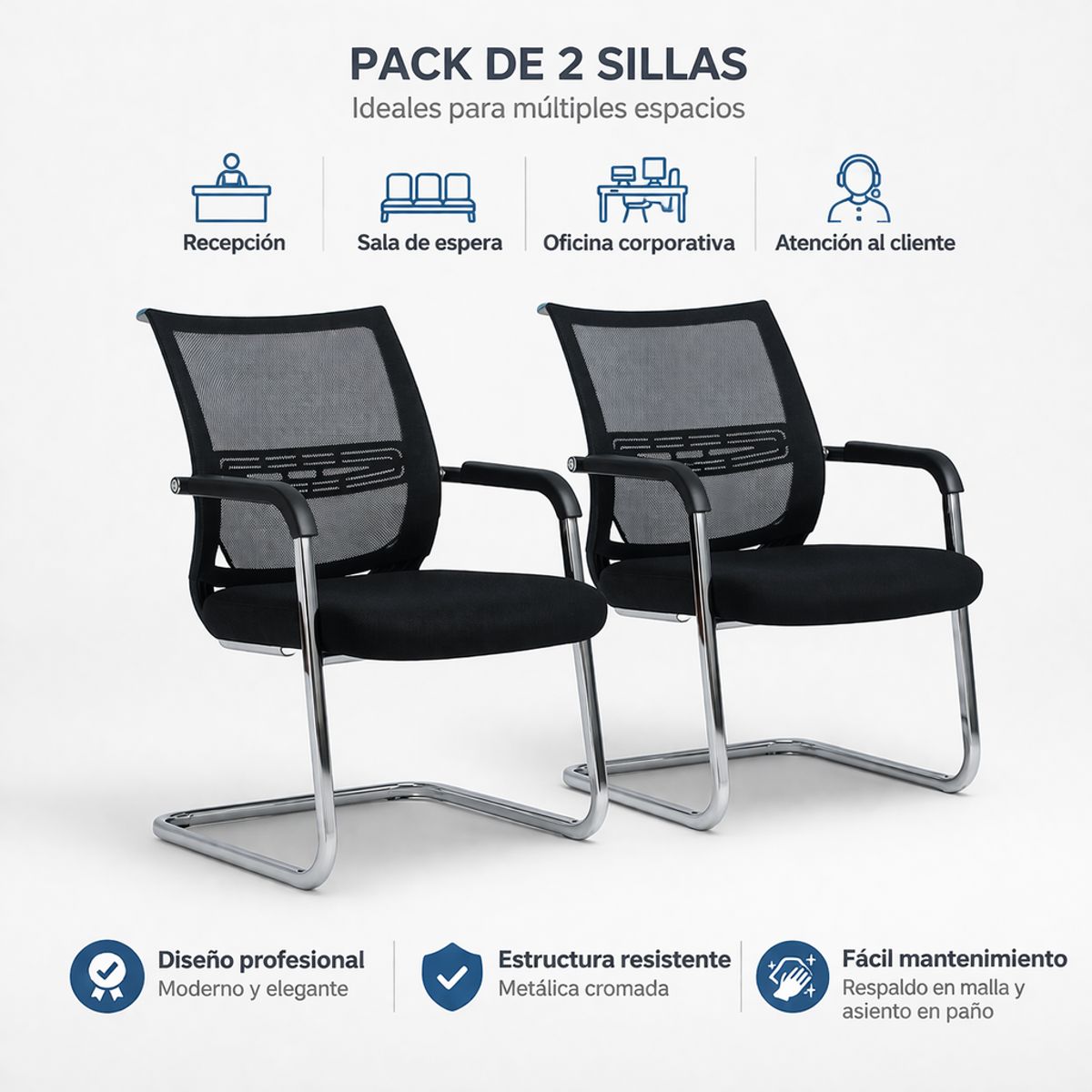 SPACE HOME - Sillas De Recepción Pack 2 Malla Negra Y Cromo
