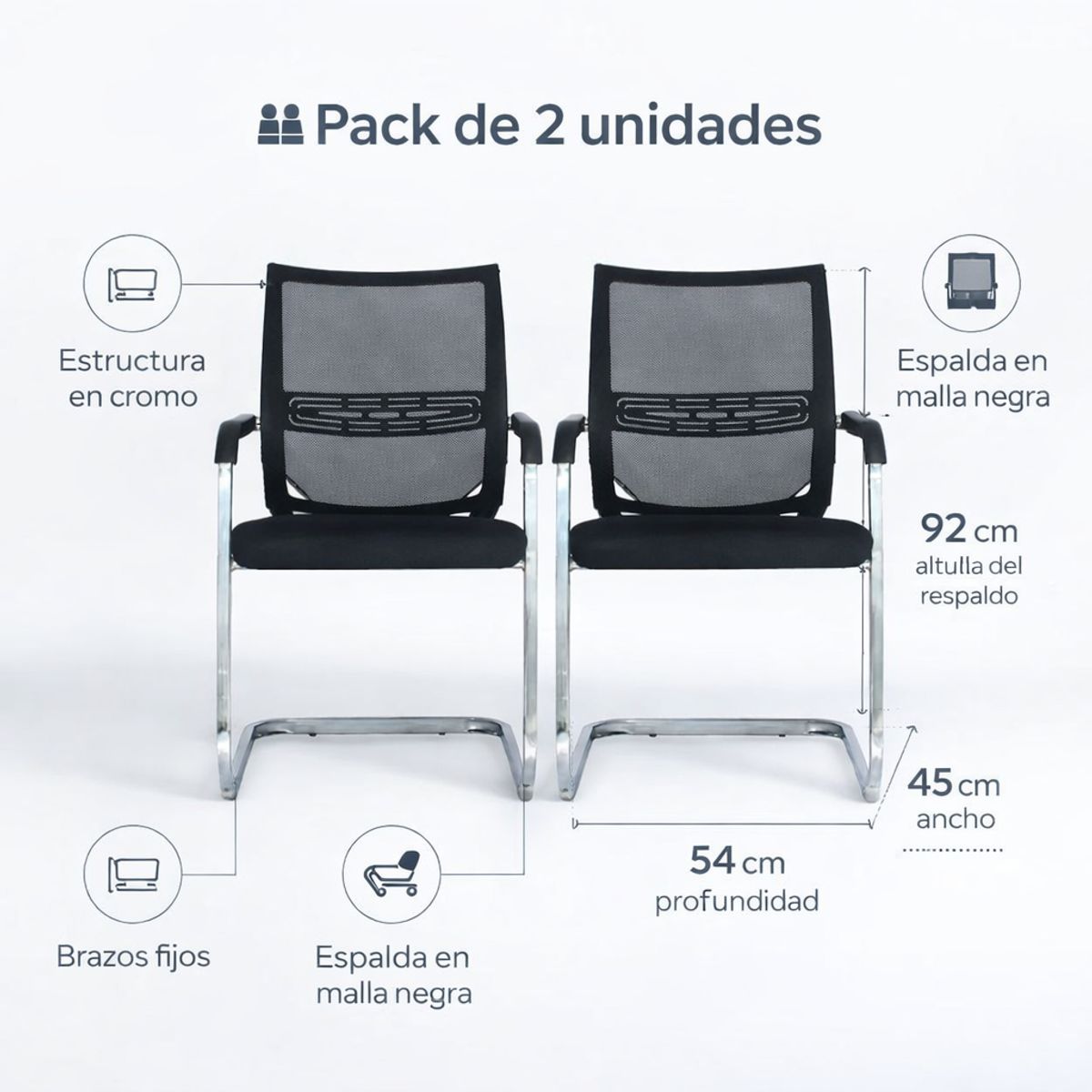 SPACE HOME - Sillas De Recepción Pack 2 Malla Negra Y Cromo