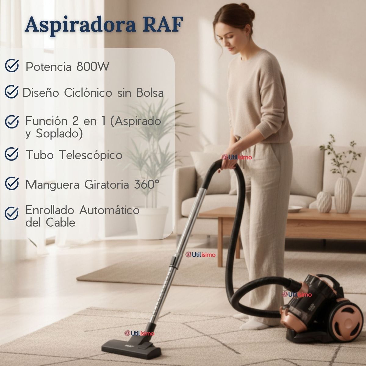 RAF - Aspiradora De Arrastre Alta Potencia De Succión 800w Sin Bolsa Ciclónica