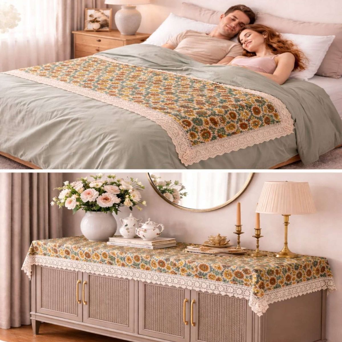 GENERICO - Piecera de Cama Estampado Natural Chic Con Encaje 80x200cm