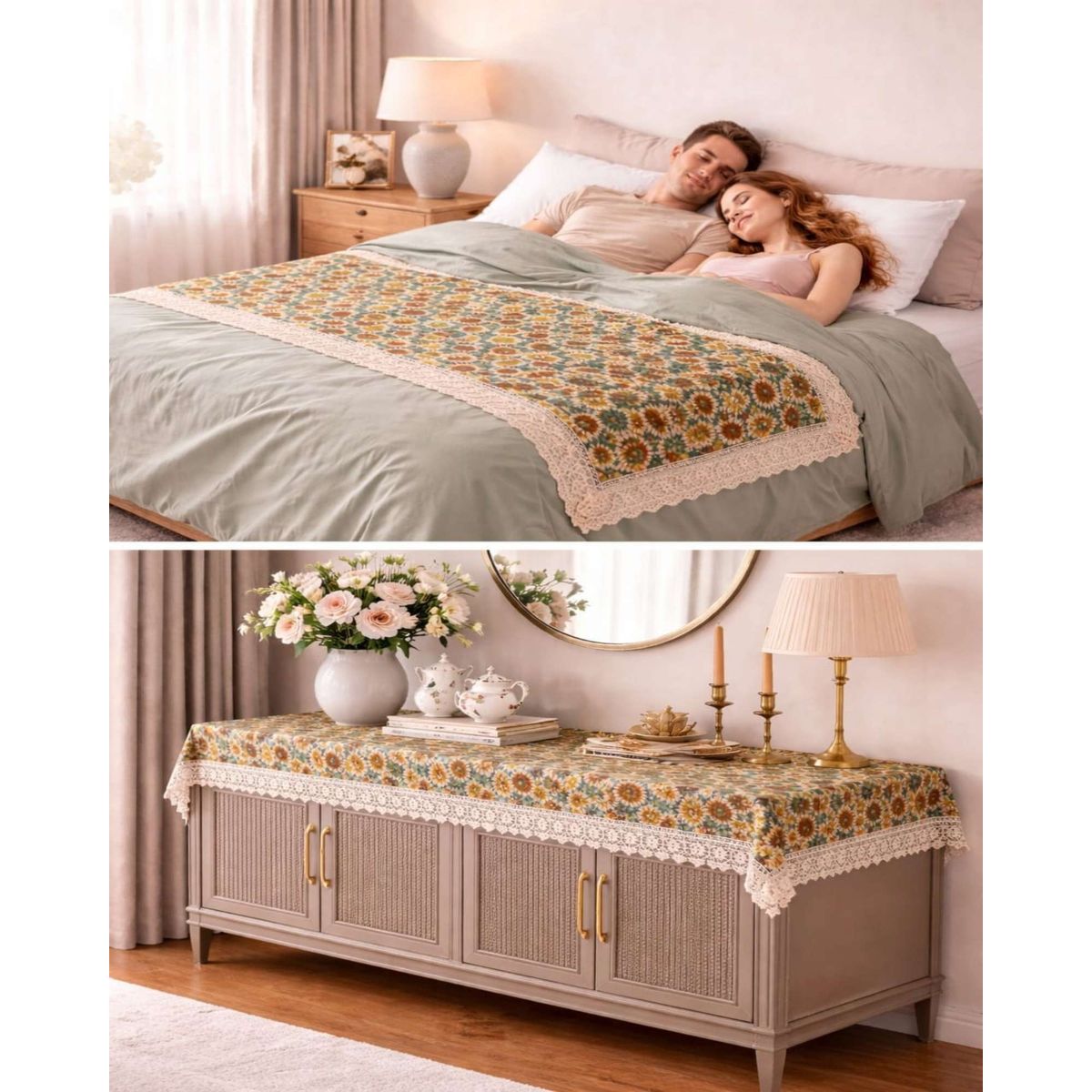 GENERICO - Piecera de Cama Estampado Natural Chic Con Encaje 80x200cm