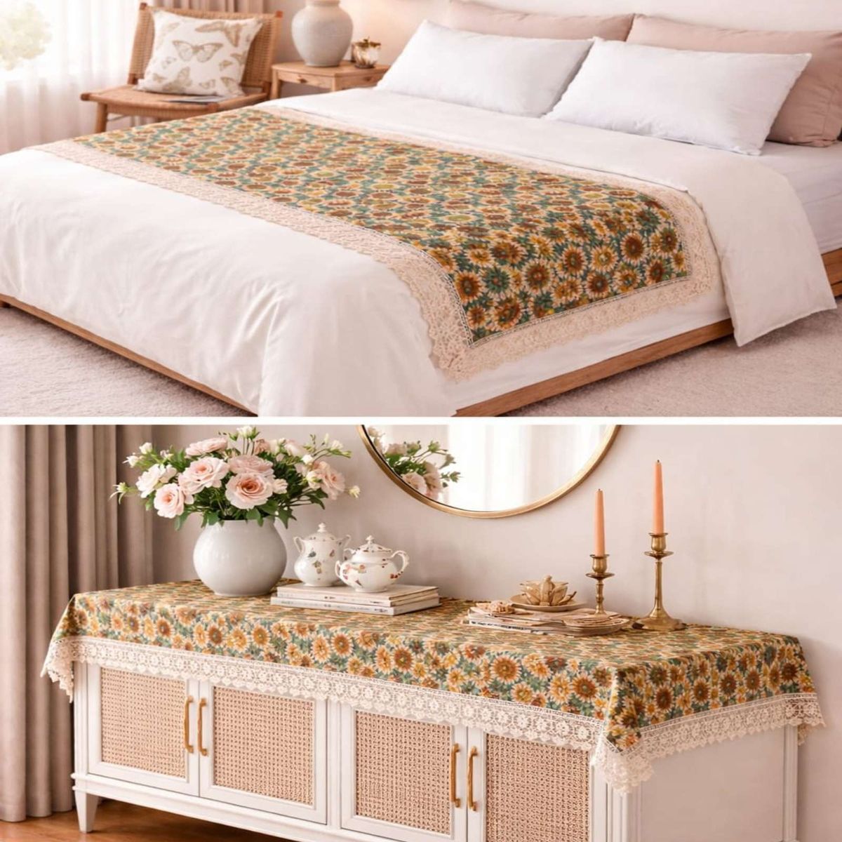 GENERICO - Piecera de Cama Estampado Natural Chic Con Encaje 80x200cm
