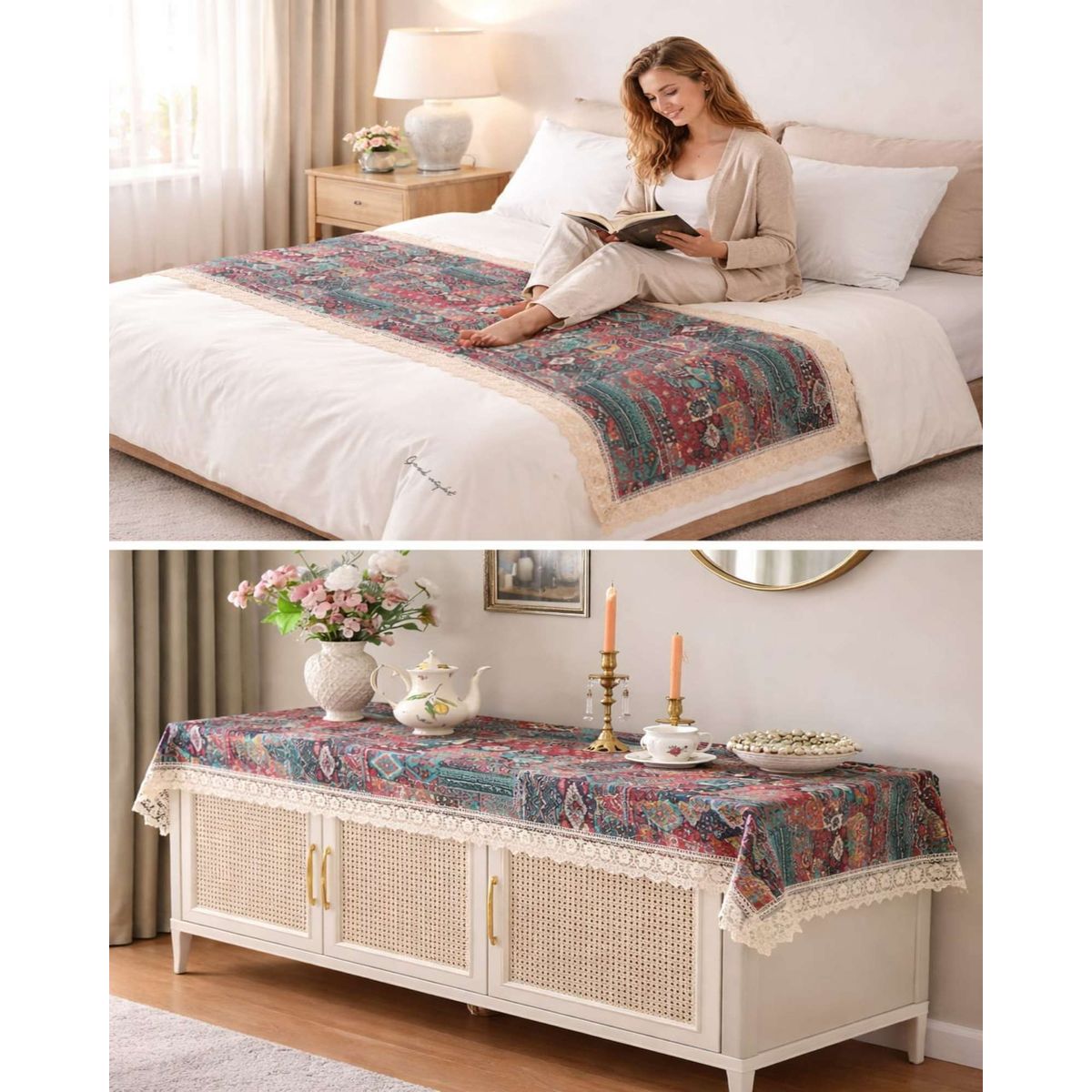 GENERICO - Piecera de Cama Estampado Natural Chic Con Encaje 80x200cm